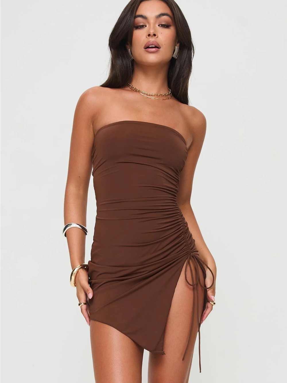 Princess Polly Brown Strapless Ruched Side Tie “Caprani” Mini Dress in Chocolate